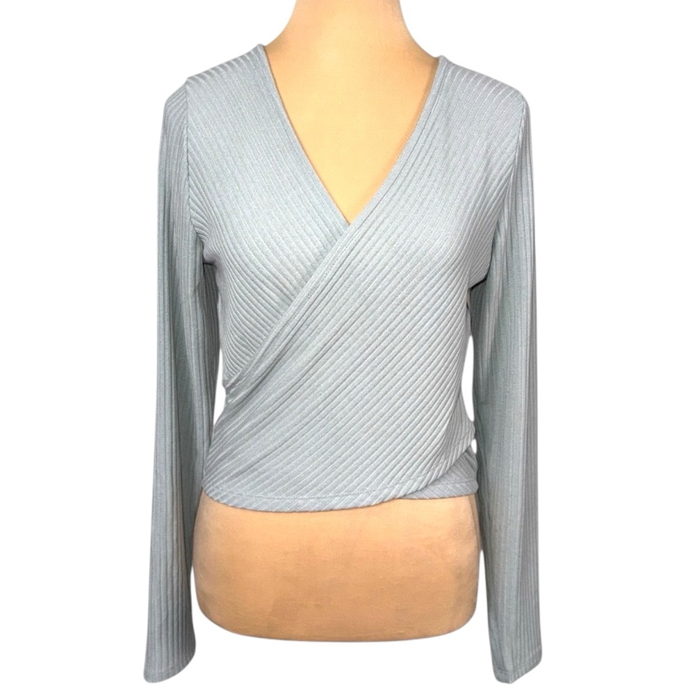 Abercrombie & Fitch Light Mint Sage Ribbed Wrap Sweater V-Neck Long Sleeve L